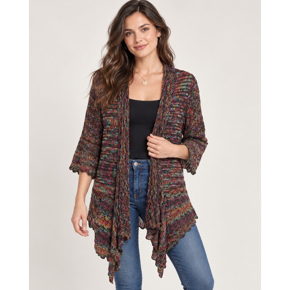 New Directions Cardigan Women 1X Multicolor Open Front Boho Space Dye Chevron
